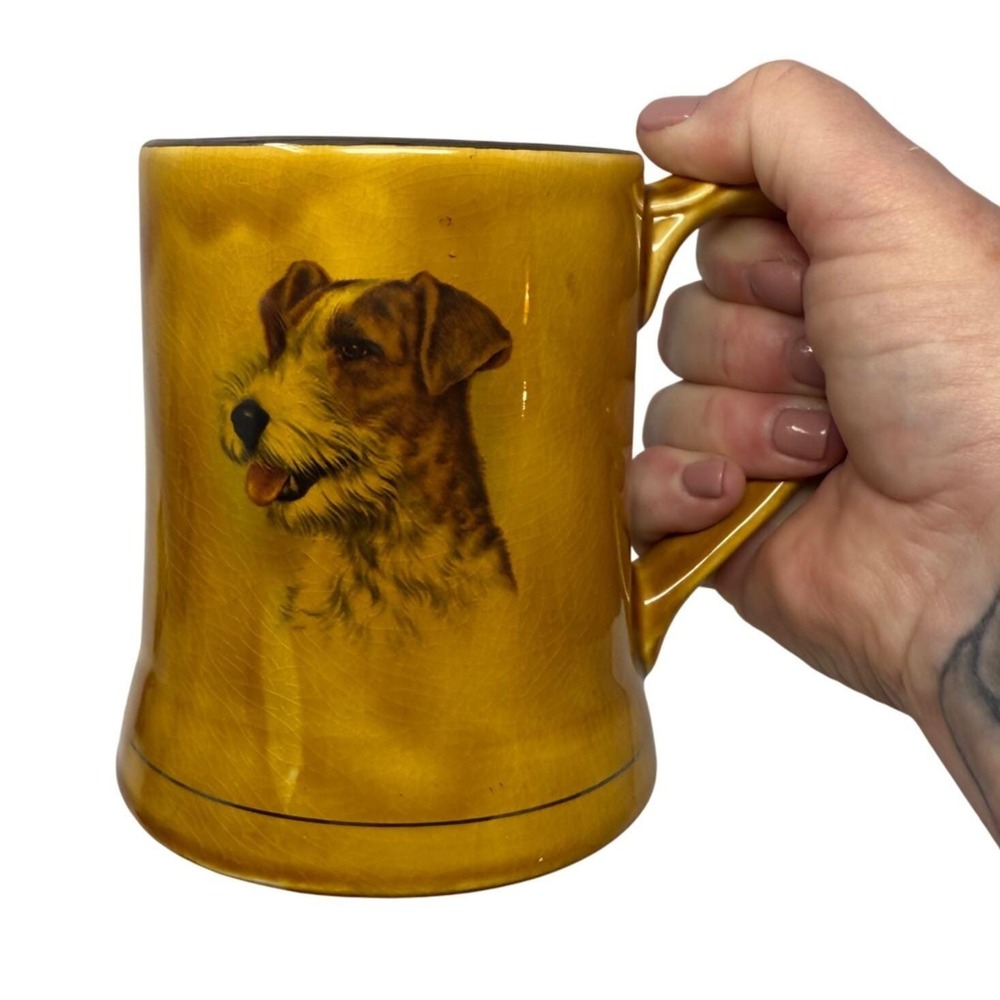 Vintage Wade England Fox Terrier Dog Mug Golden Brown Glazed Pottery Tankard